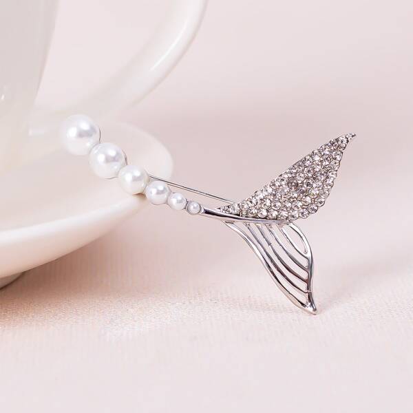 

Faux Pearl Decor Mermaid Tail Brooch, Silver