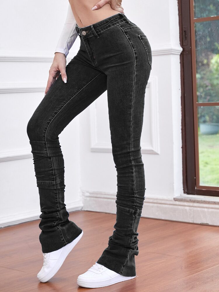 Quần jean ôm Chất rắn Xù Chồng - màu đen - Xem 3