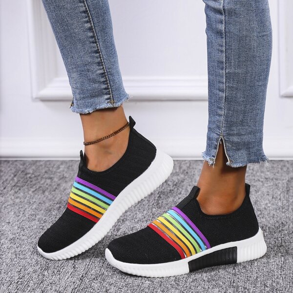 

Rainbow Striped Pattern Slip-On Sneakers, Multicolor