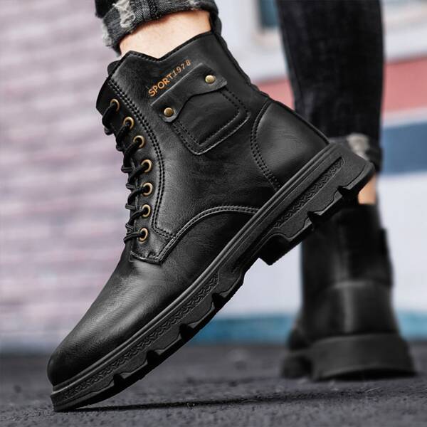 

Men Pocket Decor Lace-up Combat Boots, Black