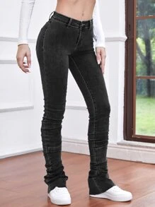 Quần jean ôm Chất rắn Xù Chồng - màu đen - Xem 5