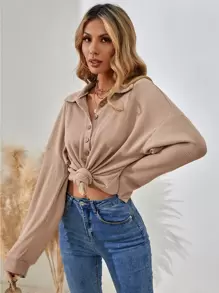 SHEIN LUNE Half Button Drop Shoulder Tee - Khaki - View 4