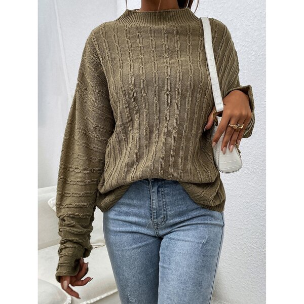 

Mock Neck Cable Knit Sweater, Army green