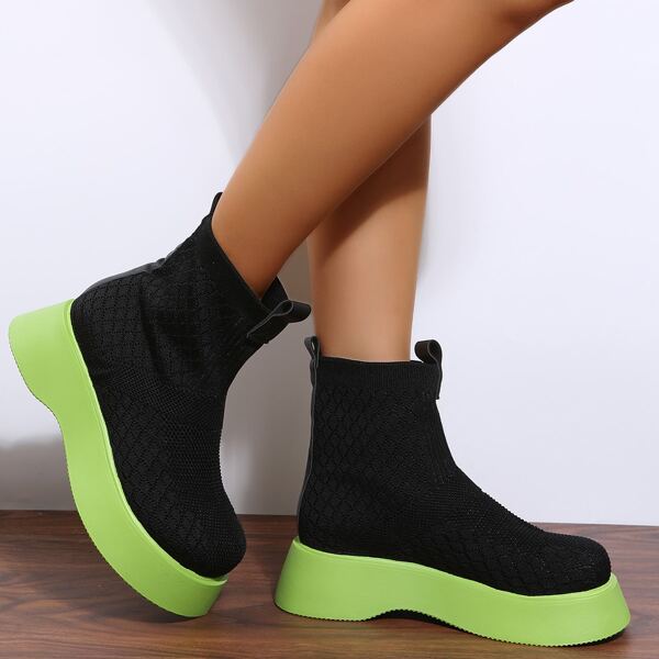 

Two Tone Knit Detail Sock Boots, Black