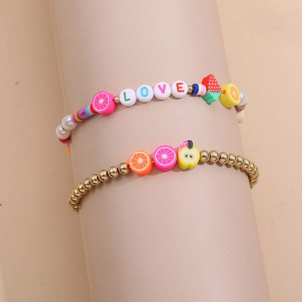 

2pcs Letter & Fruit Decor Beaded Bracelet, Multicolor