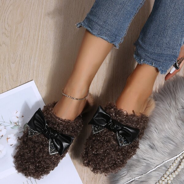 

Bow & Rhinestone Decor Fluffy Flats, Brown