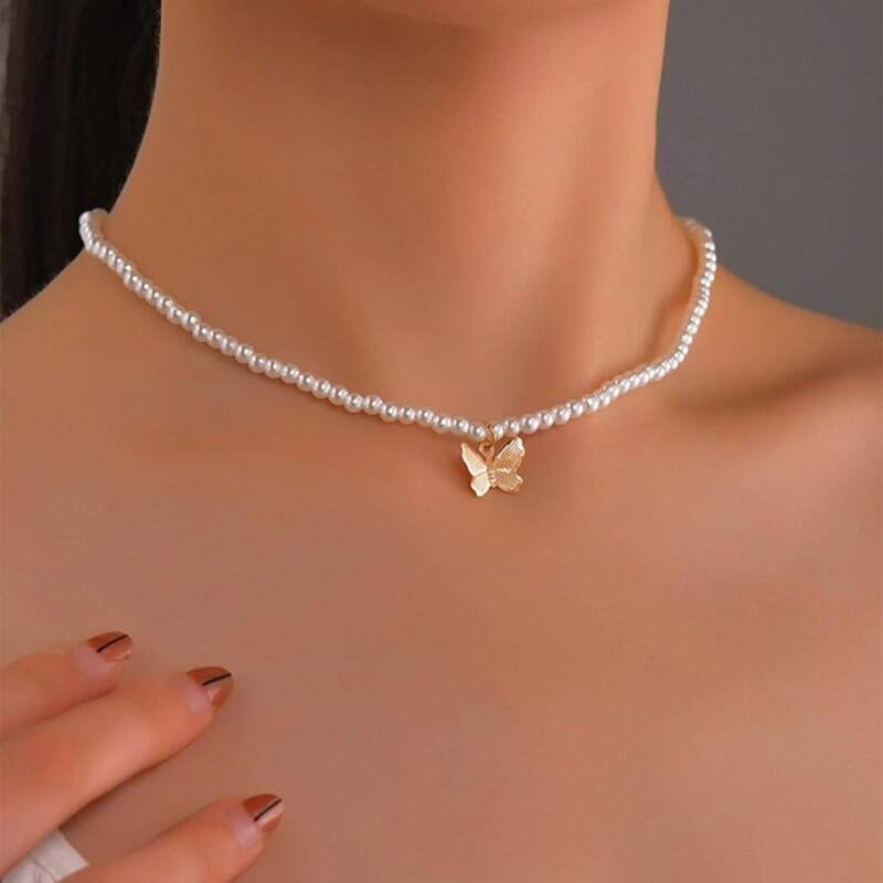 

Butterfly Decor Faux Pearl Beaded Necklace, White