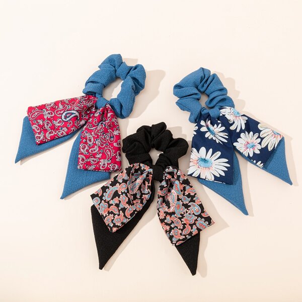 

3pcs Flower & Paisley Print Scarf Hair Tie, Multicolor