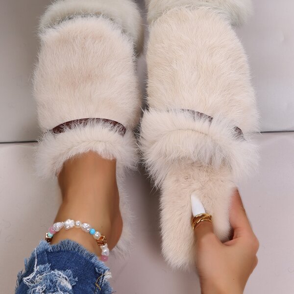 

Minimalist Fluffy Flat Mules, Beige