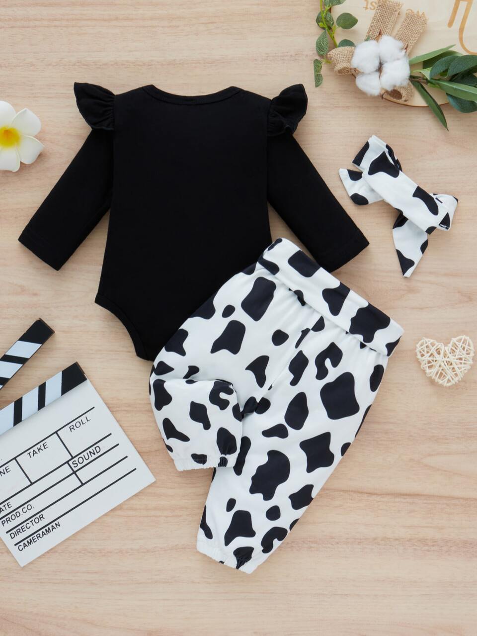 Baby Slogan Graphic Ruffle Trim Bodysuit & Cow Print Belted Pants & Headband