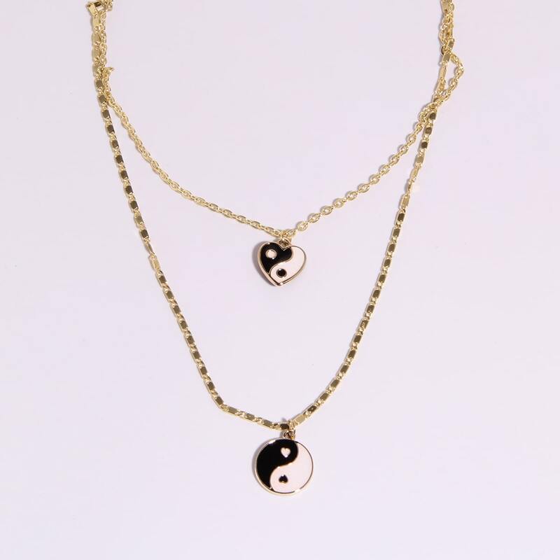 

Yin & Yang Decor Layered Chain Necklace, Black