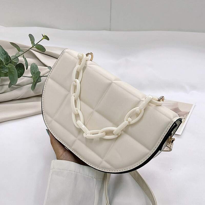 

Chain Handle Flap Satchel Bag, White