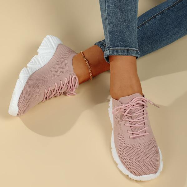 

Minimalist Lace Up Decor Knit Running Shoes, Pink