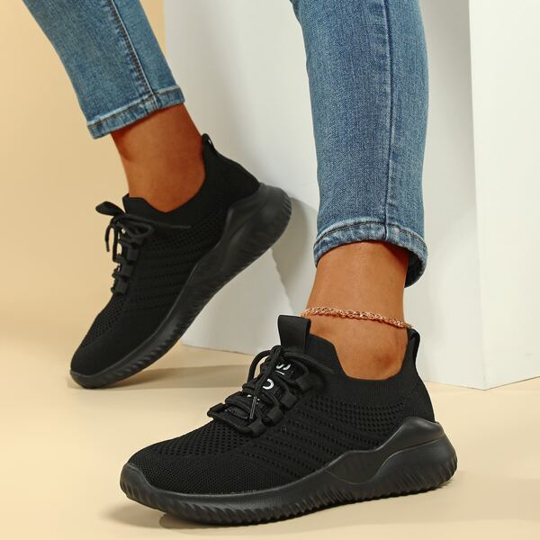 

Letter Graphic Lace Up Decor Knit Sneakers, Black