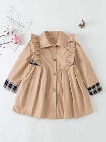 Niñas Abrigo de cuadros ribete con fruncido fruncido - Caqui - Ver 1