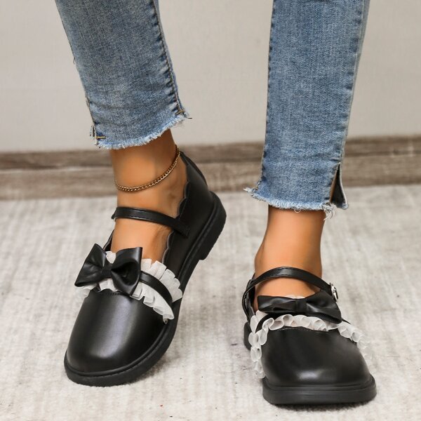 

Bow & Lace Decor Mary Jane Flats, Black