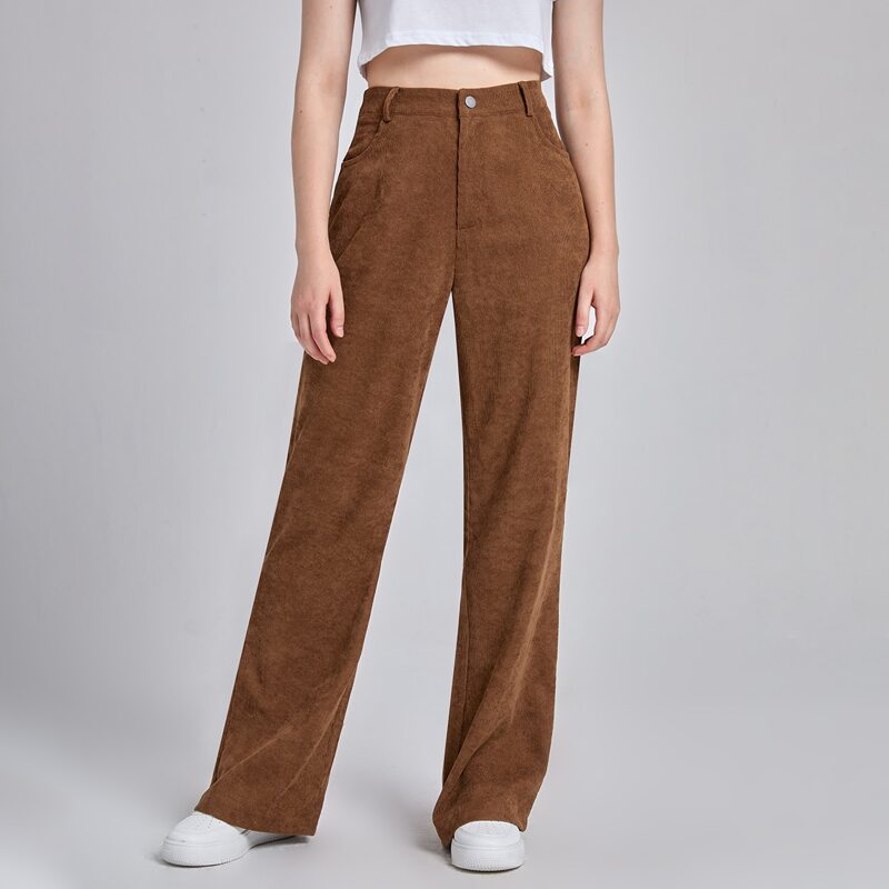 

Solid Corduroy Straight Leg Pants, Brown