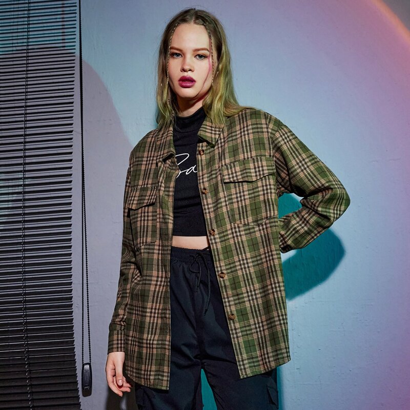 

Plaid Button Front Pocket Blouse, Multicolor