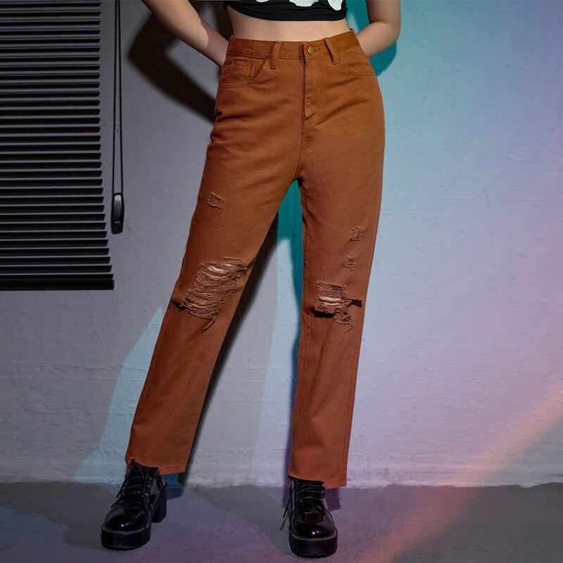 

Solid Straight Leg Ripped Jeans, Brown