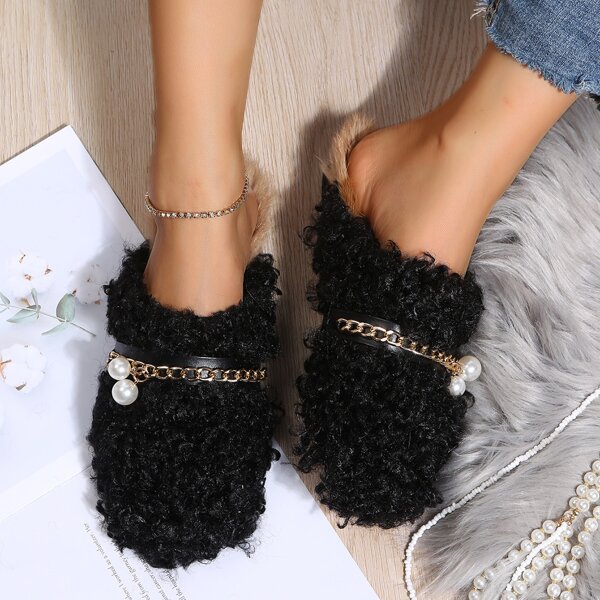 

Faux Pearl & Chain Decor Fluffy Flat Mules, Black