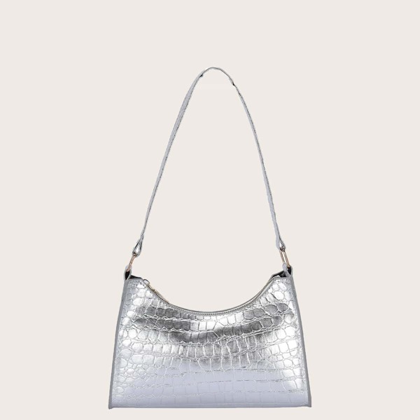 

Girls Quilted Pattern Metallic Baguette Bag, Silver