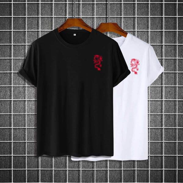 

Men 2pcs Chinese Dragon Print Tee, Black and white