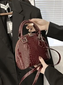 鳄鱼压纹圆顶包，商务休闲女包，非常适合办公室、商务和工作，时尚勃艮第包 - 酒紅色 - 查看 1