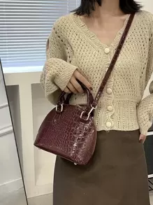 鳄鱼压纹圆顶包，商务休闲女包，非常适合办公室、商务和工作，时尚勃艮第包 - 酒紅色 - 查看 2