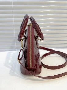 鳄鱼压纹圆顶包，商务休闲女包，非常适合办公室、商务和工作，时尚勃艮第包 - 酒紅色 - 查看 4