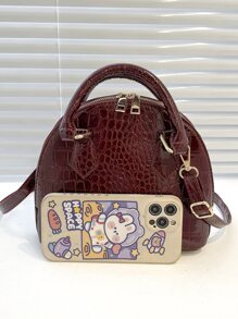 鳄鱼压纹圆顶包，商务休闲女包，非常适合办公室、商务和工作，时尚勃艮第包 - 酒紅色 - 查看 6