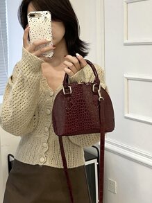 鳄鱼压纹圆顶包，商务休闲女包，非常适合办公室、商务和工作，时尚勃艮第包 - 酒紅色 - 查看 7