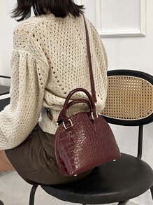 鳄鱼压纹圆顶包，商务休闲女包，非常适合办公室、商务和工作，时尚勃艮第包 - 酒紅色 - 查看 8