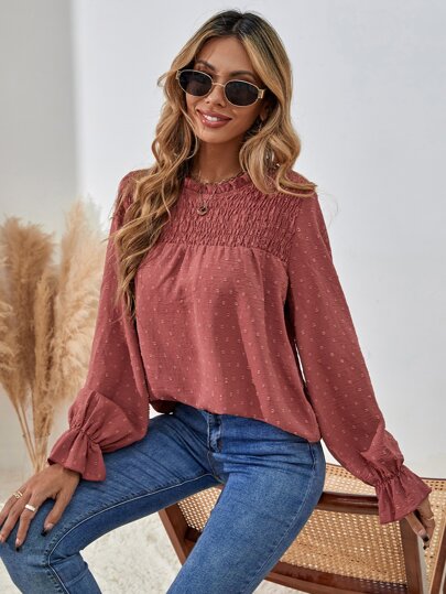 EMERY ROSE Blusa con mangas abullonadas de lunares con volantes, blusas de manga larga