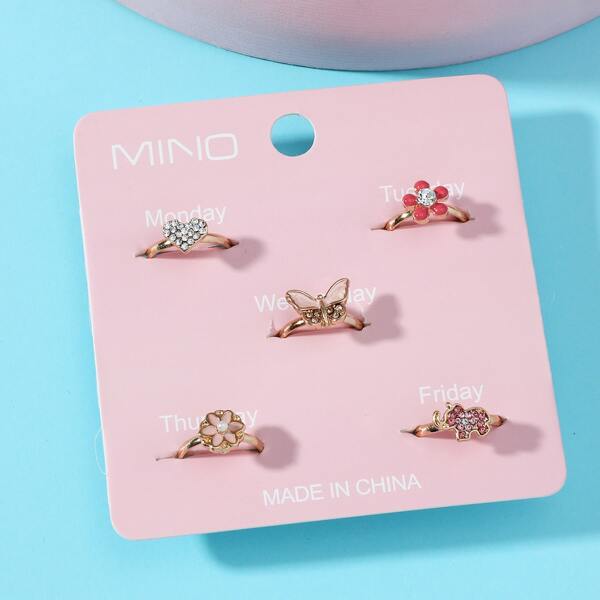 

5pcs Girls Flower & Heart Decor Ring, Multicolor