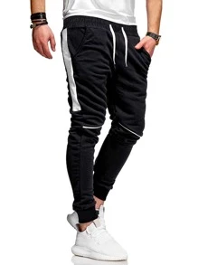 Manfinity Men Contrast Panel Drawstring Waist Sweatpants - Black and White - View 1