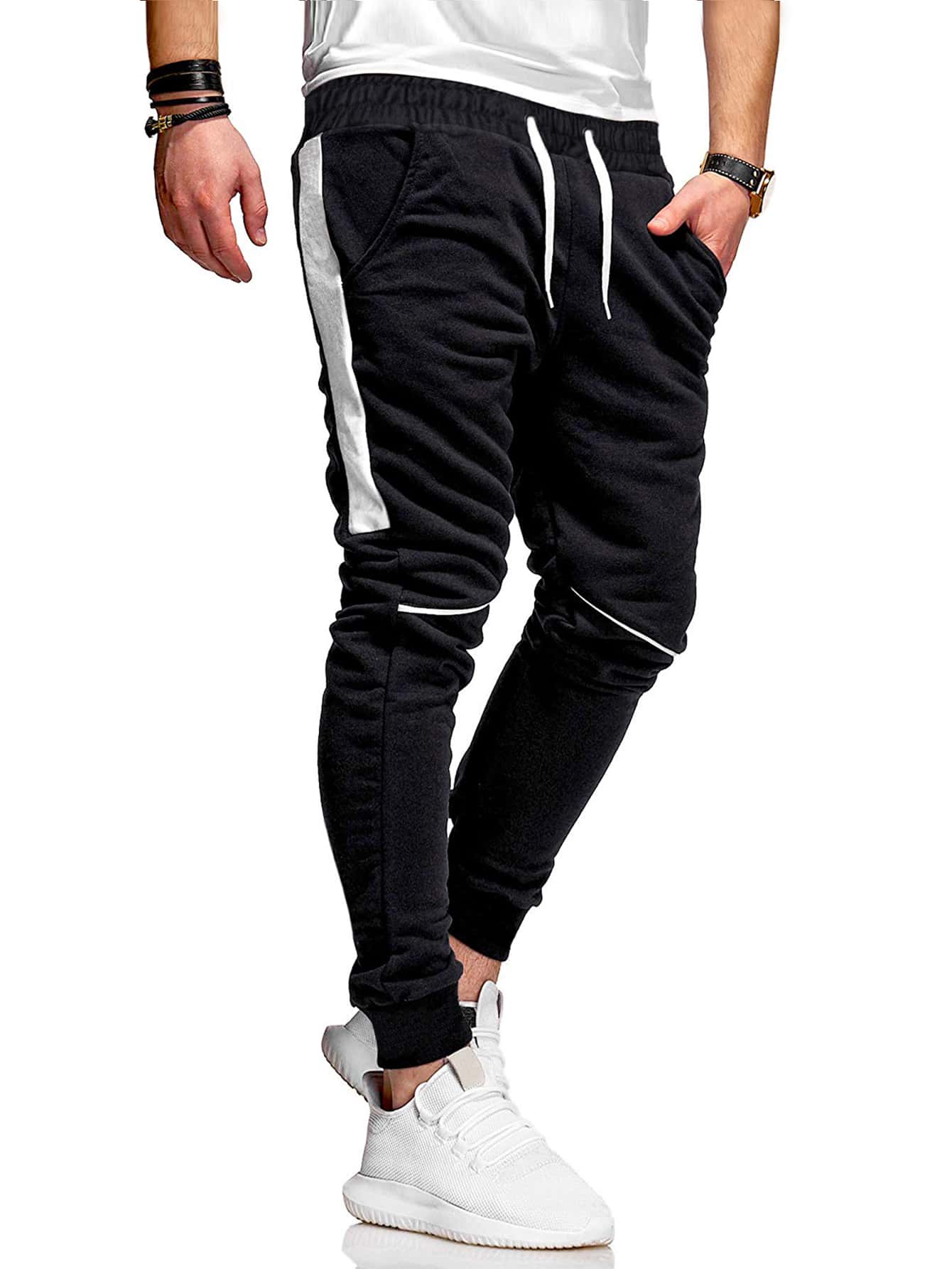 Manfinity Men Contrast Panel Drawstring Waist Sweatpants - Black and White - View 1