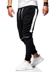 Manfinity Men Contrast Panel Drawstring Waist Sweatpants - Black and White - View 5