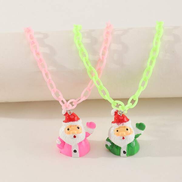 

2pcs Girls Christmas Santa Claus Charm Necklace, Multicolor