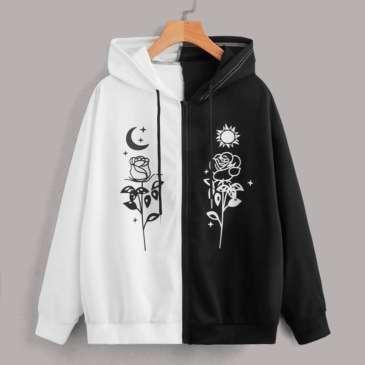 

Colorblock Floral Print Drawstring Hoodie, Black and white