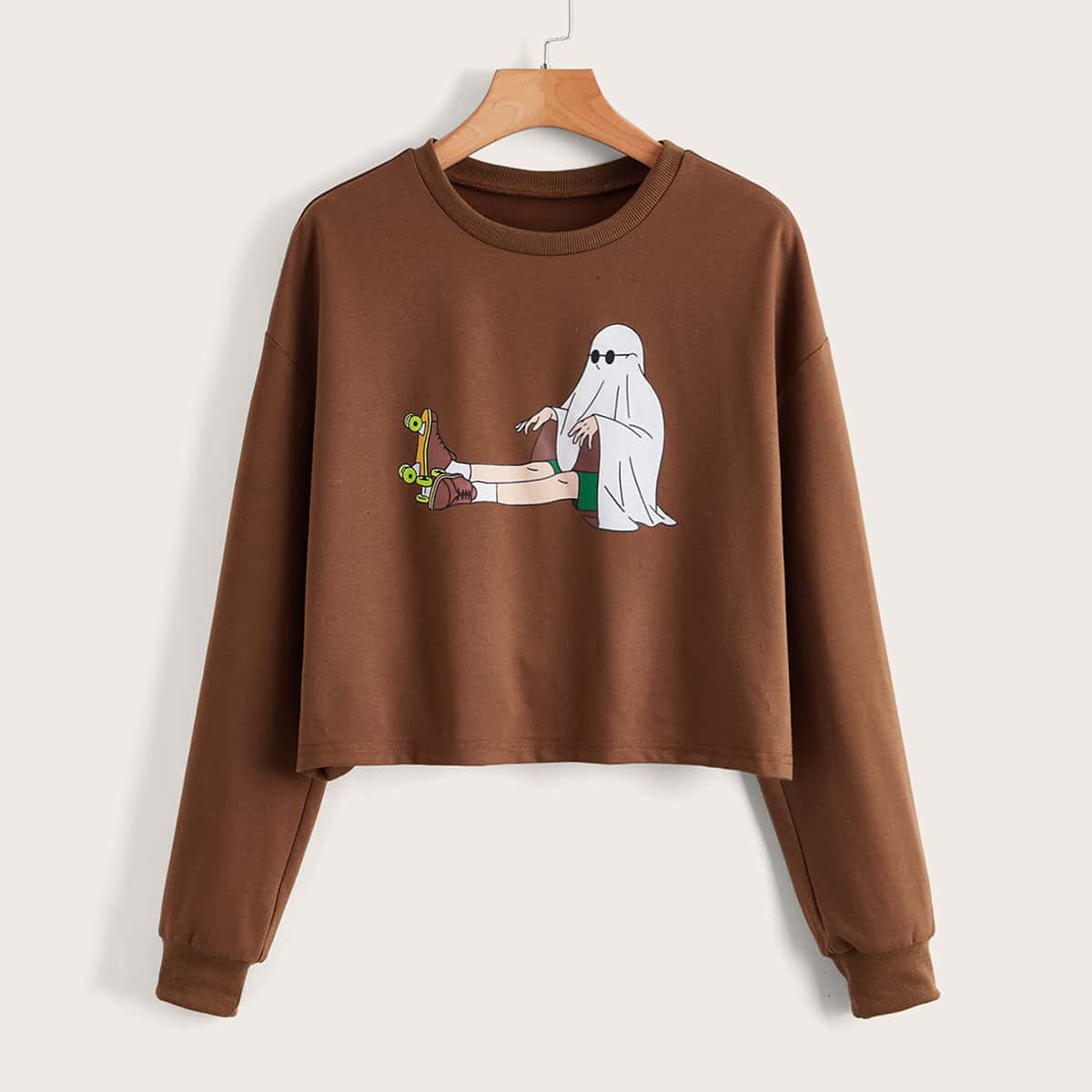 

Ghost Graphic Crop Sweatshirt, Coffee brown