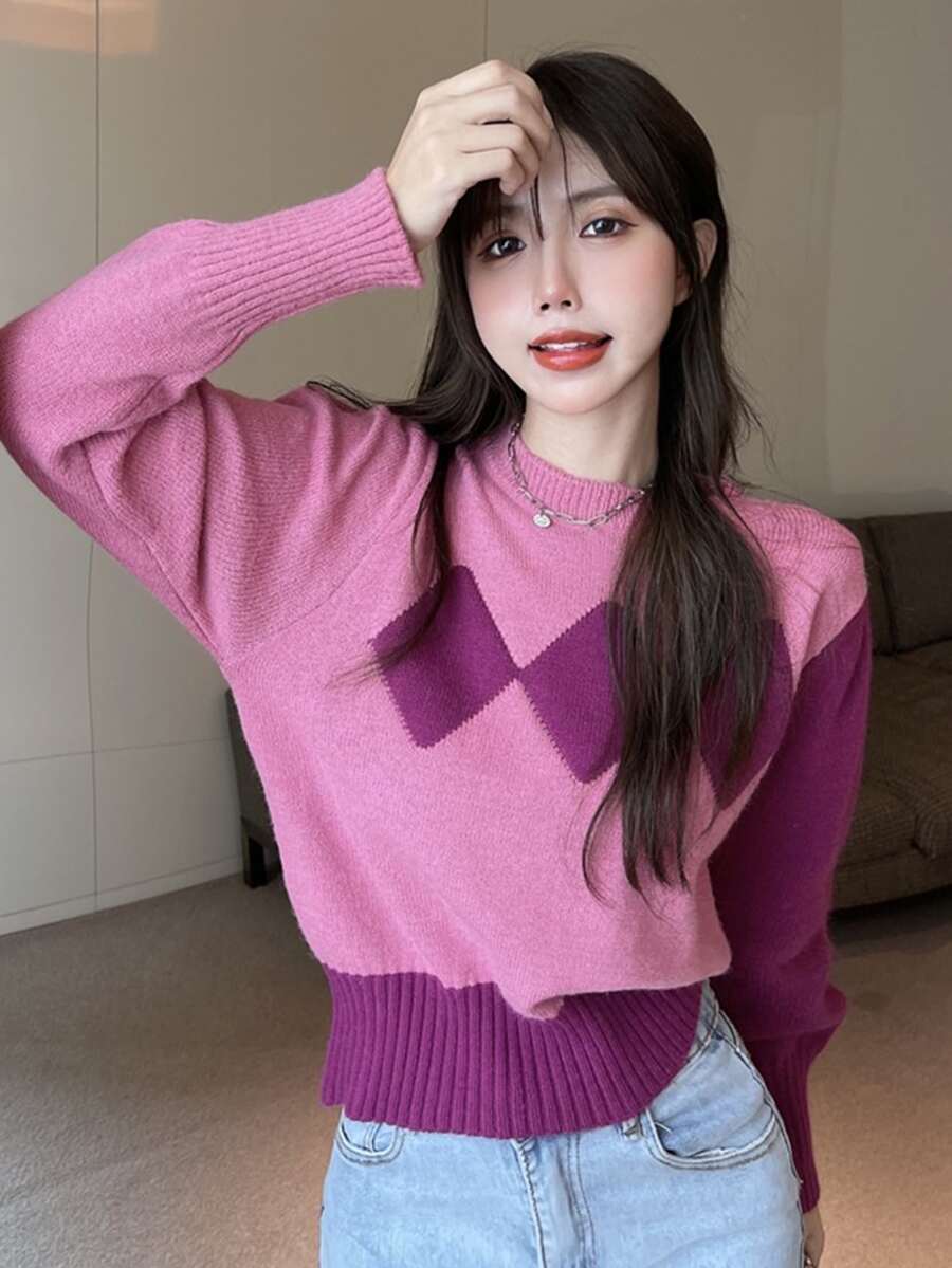 拼接面幾何圖案套頭衫毛衣 - 粉色 - 查看 1