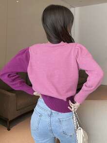 拼接面幾何圖案套頭衫毛衣 - 粉色 - 查看 2