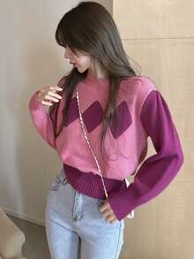 拼接面幾何圖案套頭衫毛衣 - 粉色 - 查看 3