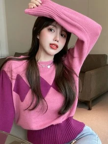 拼接面幾何圖案套頭衫毛衣 - 粉色 - 查看 4