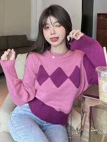 拼接面幾何圖案套頭衫毛衣 - 粉色 - 查看 5