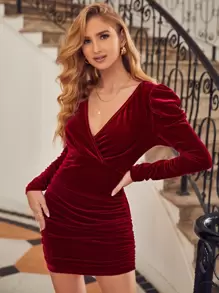 SHEIN BAE Gigot Sleeve Ruched Velvet Bodycon Dress - Burgundy - View 4