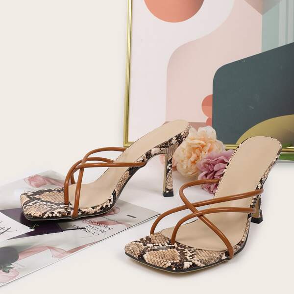 

Cross Strap Thong Heeled Sandals, Brown