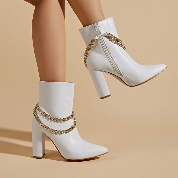 

Minimalist Chain Chunky Heeled Boots, White