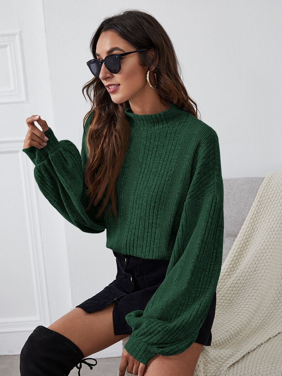 SHEIN Essnce Áo thun nữ Gân đan màu trơn Giải trí - Màu xanh lá cây đậm - Xem 1