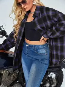 Flirla Plus Plaid Button Up Drop Shoulder Shirt Fall Cloth For Women - Purple - View 1